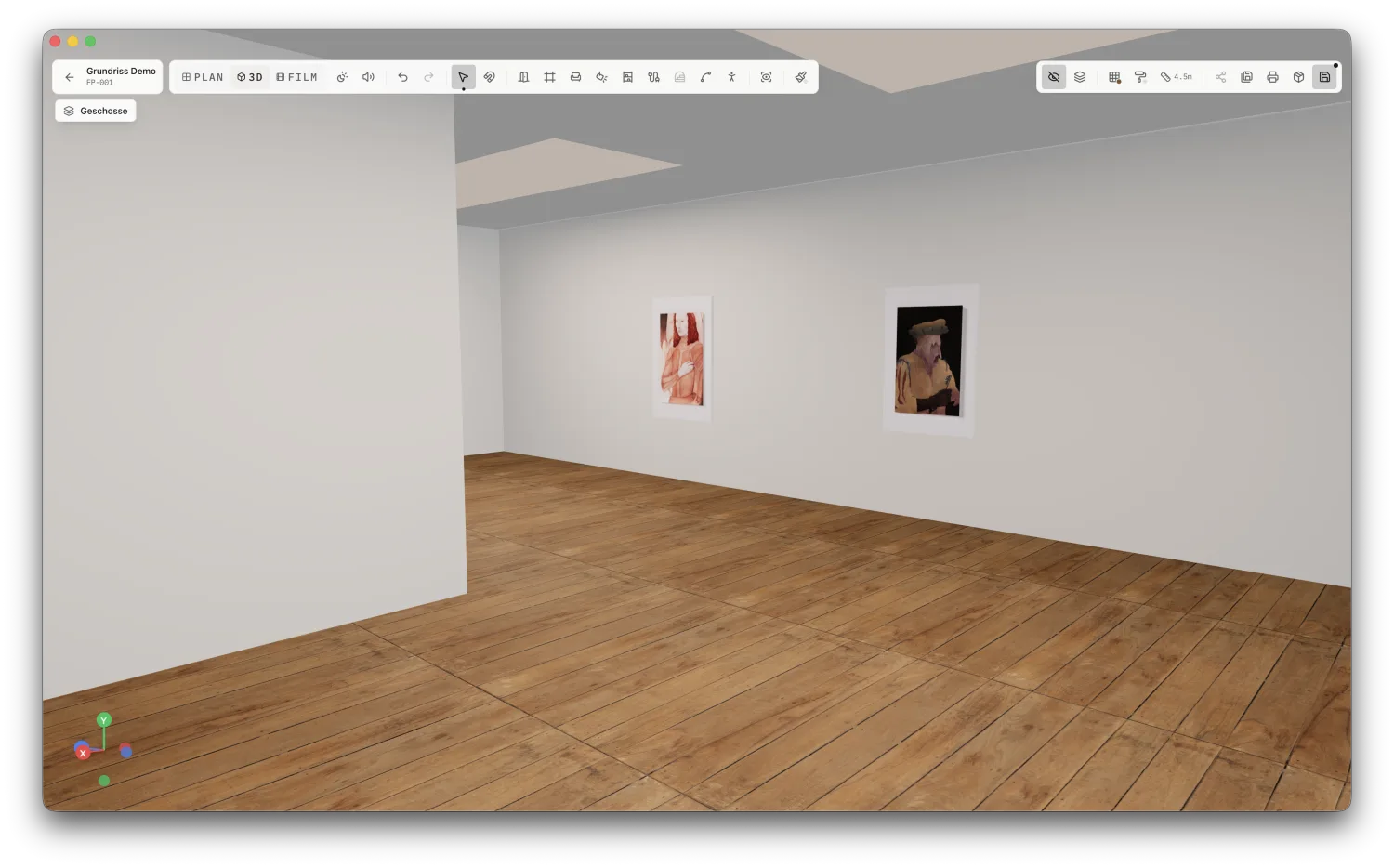 Der geplante Ausstellungsraum in der 3D-Ansicht auf Augenhöhe mit gehängten Werken