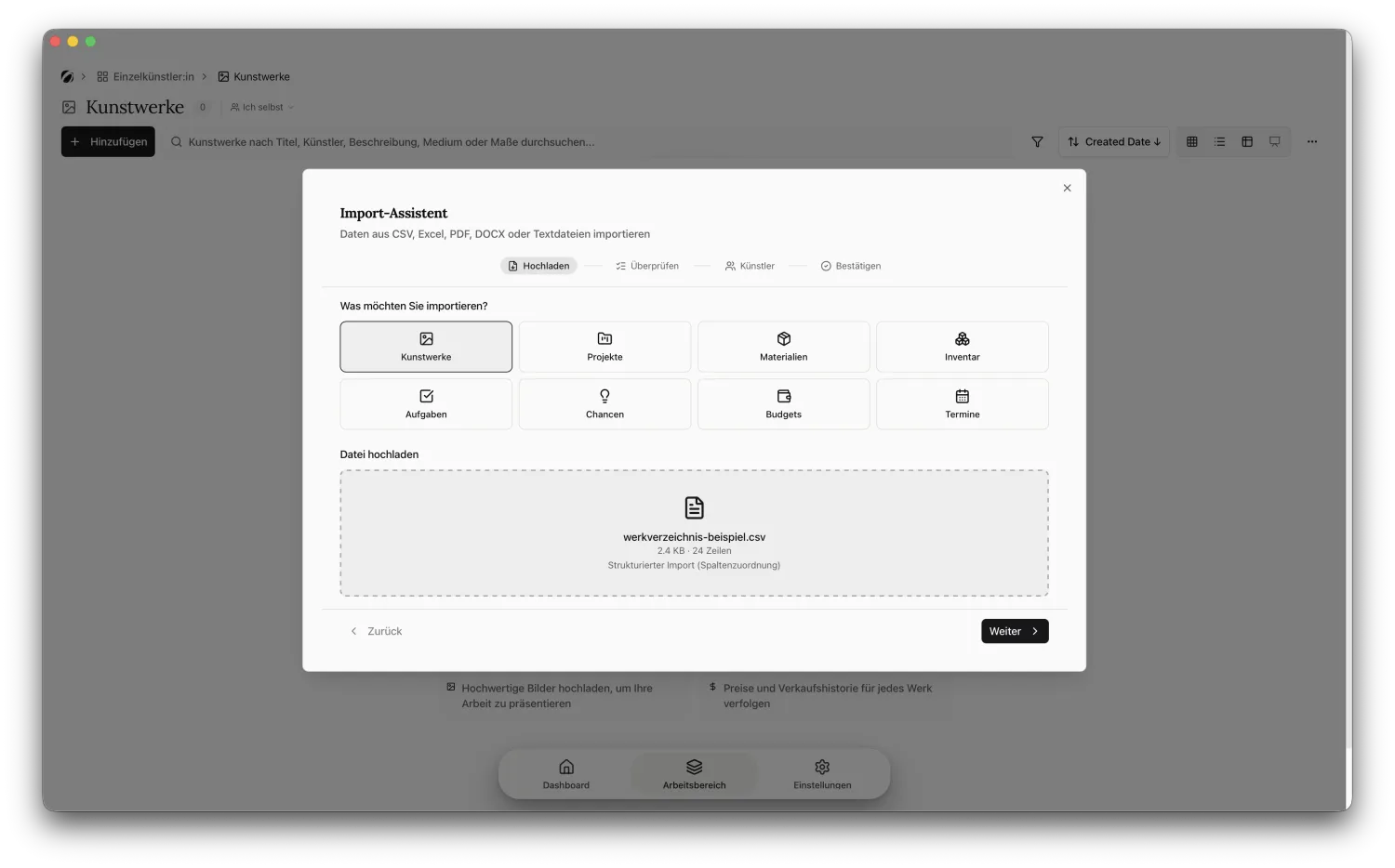 The upload step with the Artworks type selected and the detected file showing 24 rows