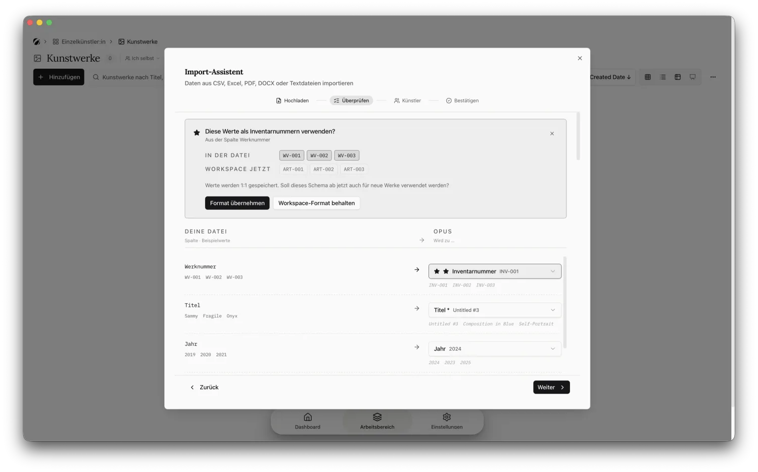 The prompt in the review step asking whether to keep the work numbers from the file as they are