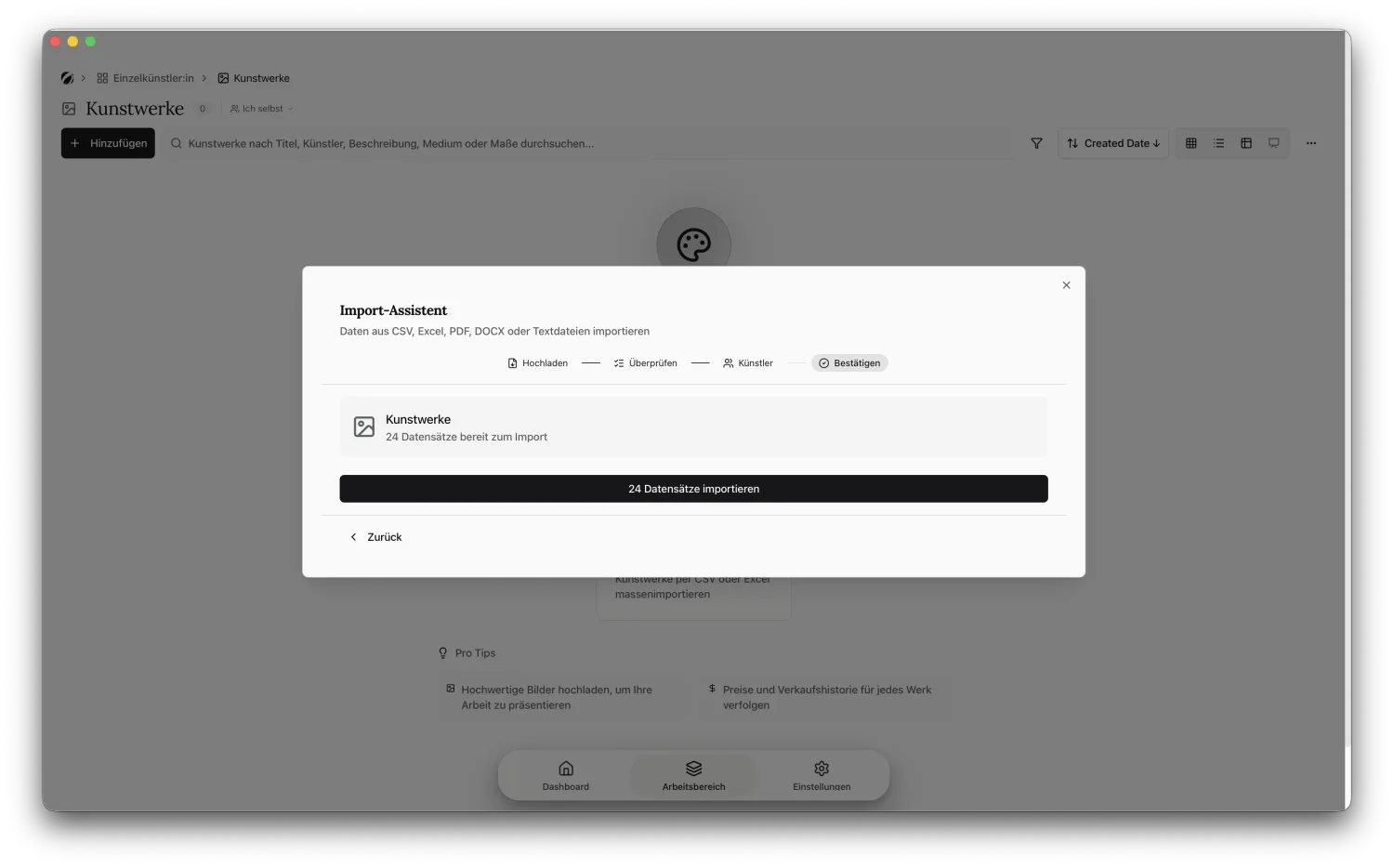 The confirm step with the button to import 24 records